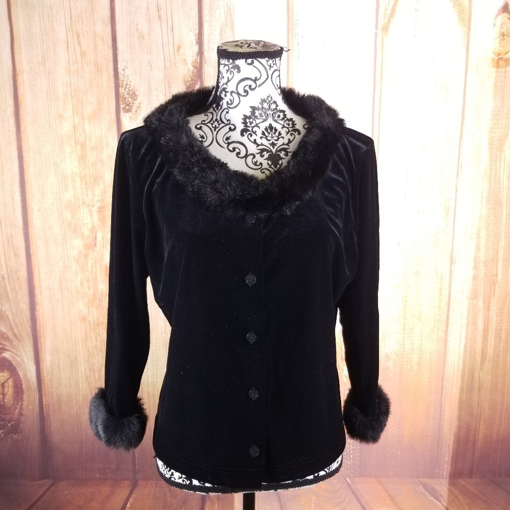 F.L. Malik Black Velvet Holiday Faux Fur Blouse